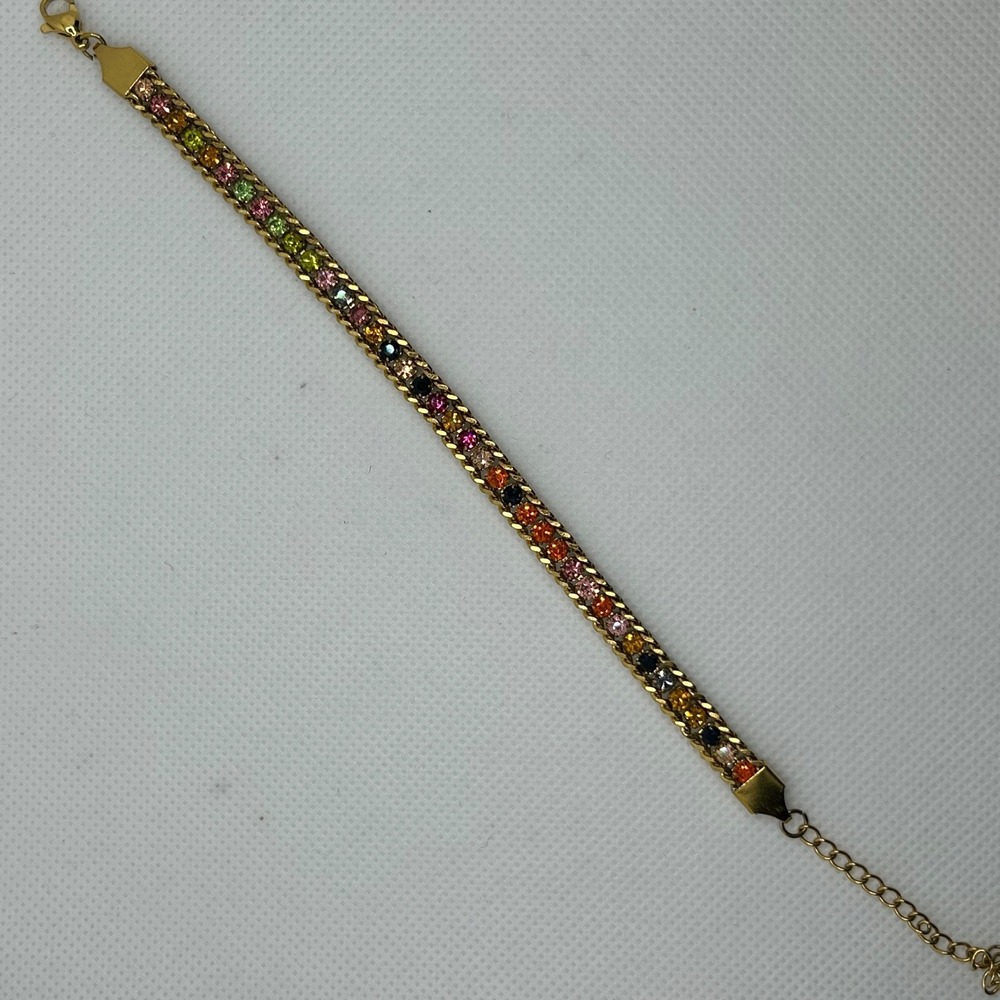 Gold Tone Multi Color Crystal Chain Bracelet Womens Adjustable Rainbow Jewelry - Picture 2 of 6